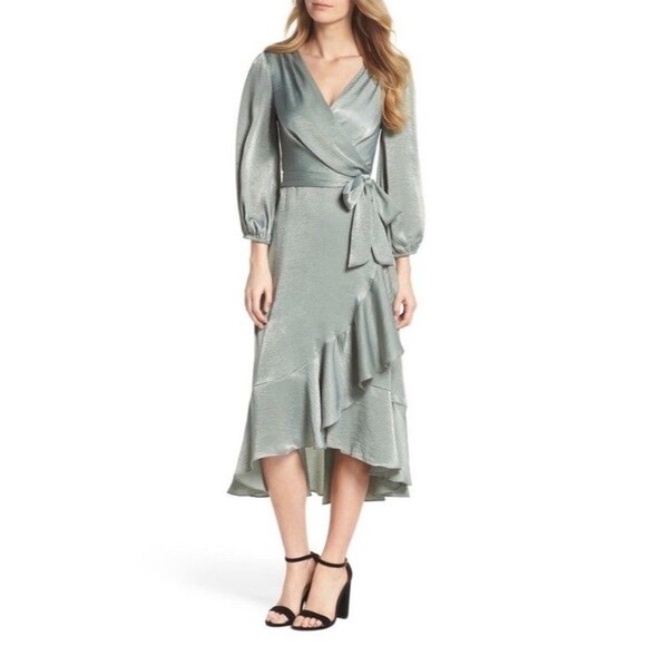Gal Meets Glam 6 Sage Green Satin Dress Midi Ruffle Jennifer Wrap Puff Sleeve - Picture 1 of 7